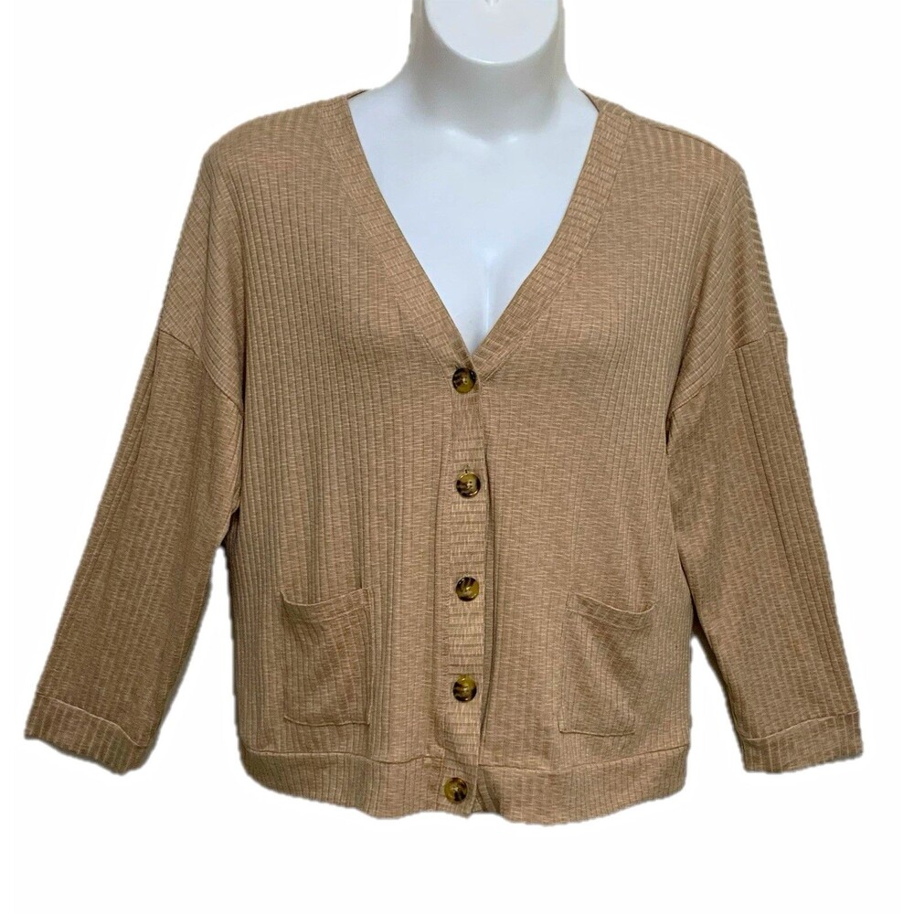 Joyspun Cardigan Sweater Women’s 2X Beige Ribbed Knit V-Neck Button Front